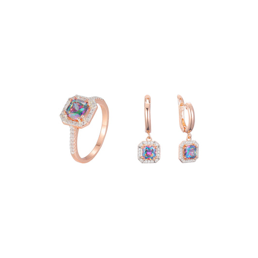 Solitaire halo colorful stone jewelry set plated in Rose Gold two tone