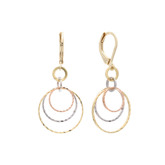 Three circles in three tone 14K Gold wire hook earrings