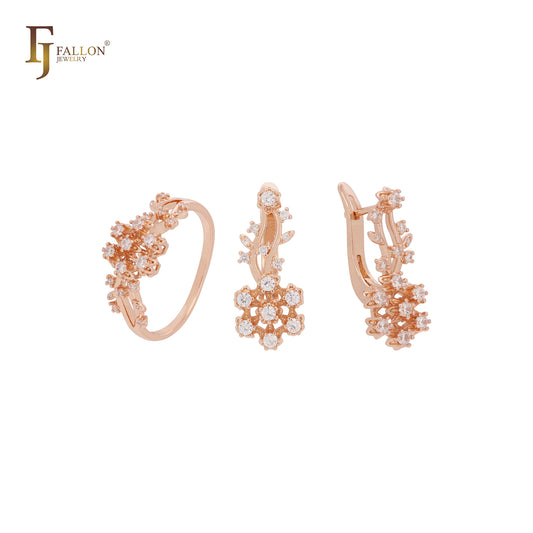 Cluster branch White CZ Rose Gold Jewelry Set with Rings