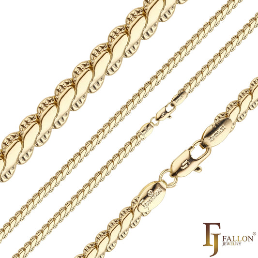 Snake Serpentine chains plated in 14K Gold, Rose Gold, two tone
