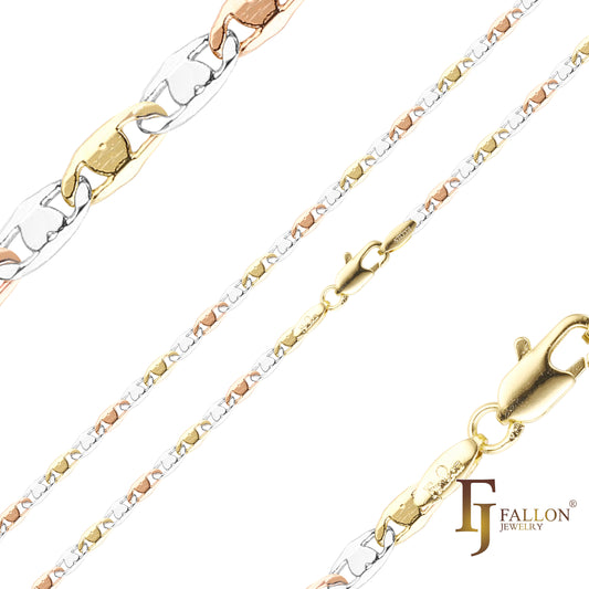 Mariner link heart chains plated in 14K Gold, Rose Gold, three tone