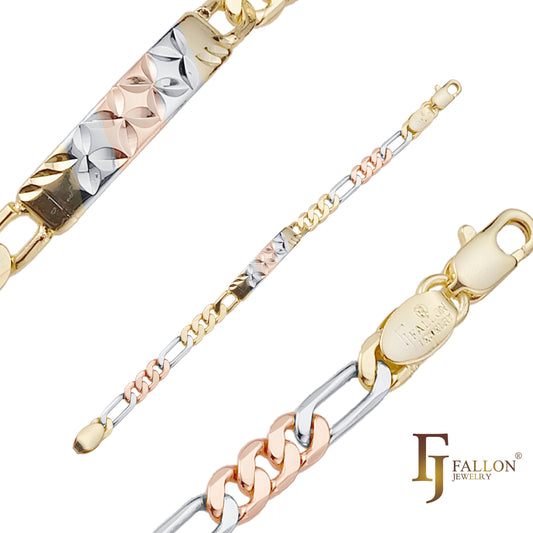 Figaro link 14K Gold, two tone, three tone Men's Clover ID bracelets