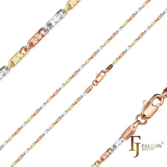 Solid snail link cylinder chains plated in 14K Gold, Rose Gold, three tone