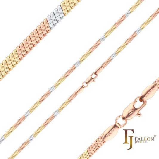 Snake link hammered chains plated in 14K Gold, Rose Gold three tone