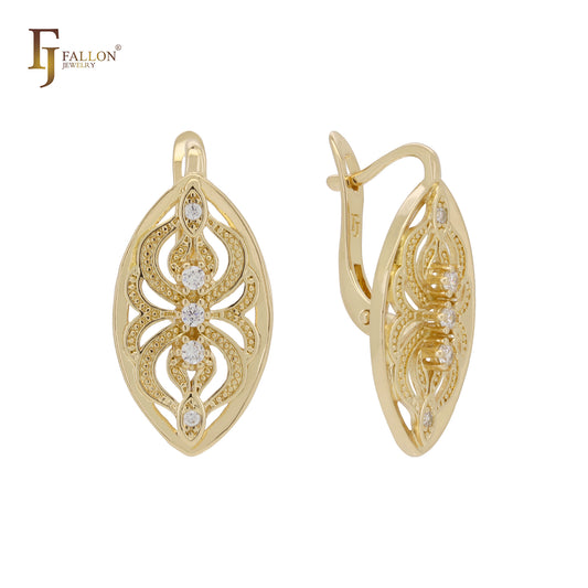 Marquise filigree textured 14K Gold, Rose Gold, White Gold earrings