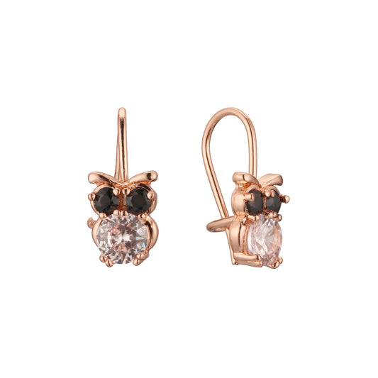 Wire hook owl child earrings in 14K Gold, Rose Gold plating colors