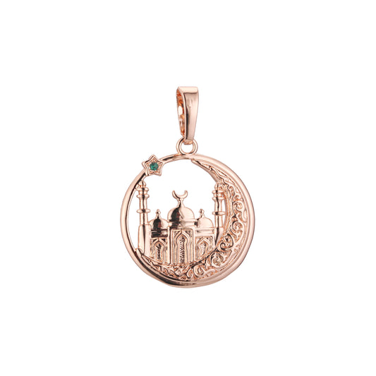 Islamic temple star and crescent Rose Gold two tone, 14K Gold Pendant