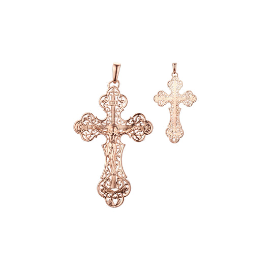 Catholic Cross budded pendant in Rose Gold, White Gold plating colors