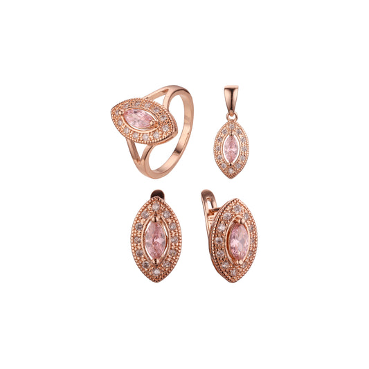 Halo Marquise big stone jewelry set plated in 14K Gold, Rose Gold