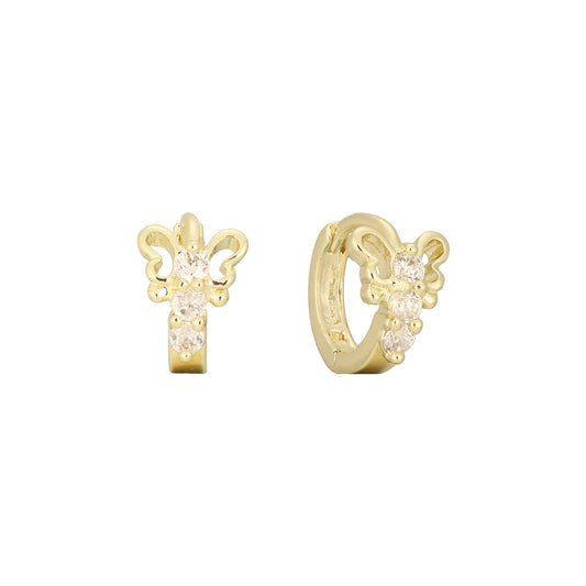 Butterfly triple stones huggie earrings in 14K Gold, Rose Gold plating colors