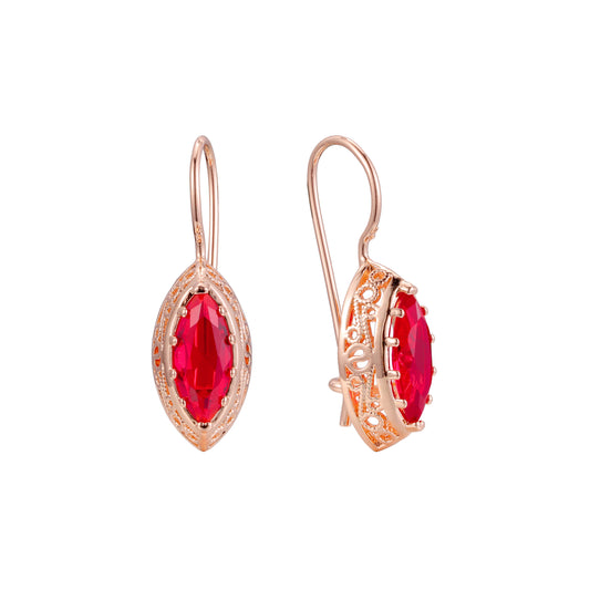 Wire hook solitaire Marquise red earrings in 14K Gold, Rose Gold plating colors