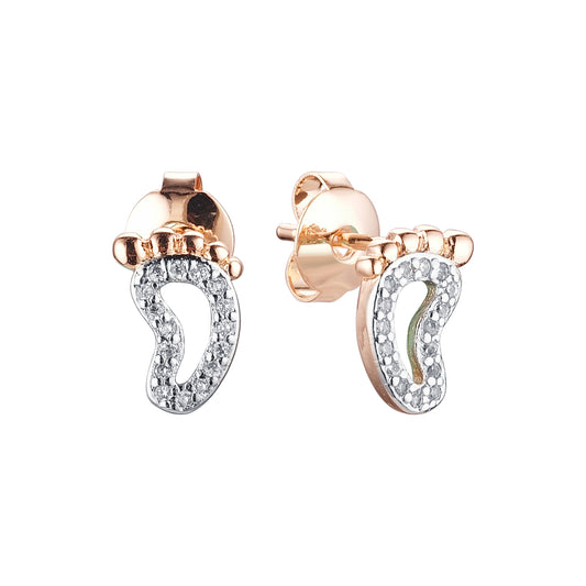 Little feet paved white cz Rose Gold, two tone stud earrings