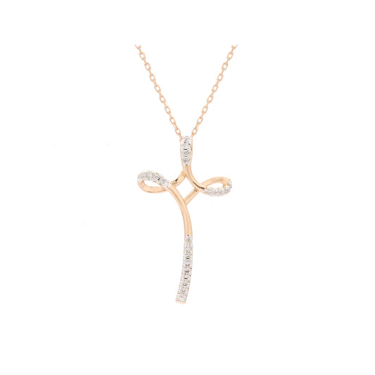 Twisted paved white cz 14K Gold, Rose Gold two tone cross pendant