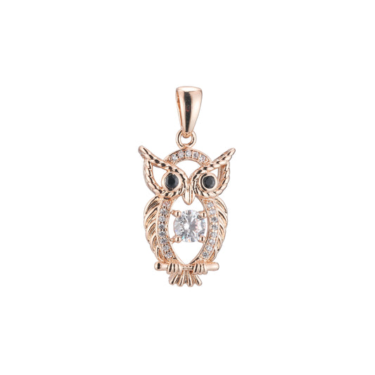 Owl animal pendant in 14K Gold, Rose Gold, 18K Gold plating colors