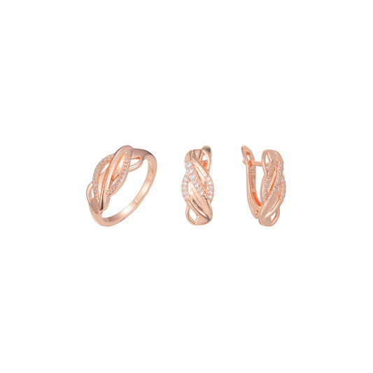Criss-cross paved stones rings jewelry set plated in Rose Gold colors