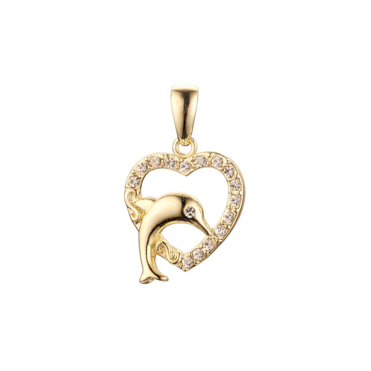Heart and dolphin pendant in 14K Gold, 18K Gold plating colors
