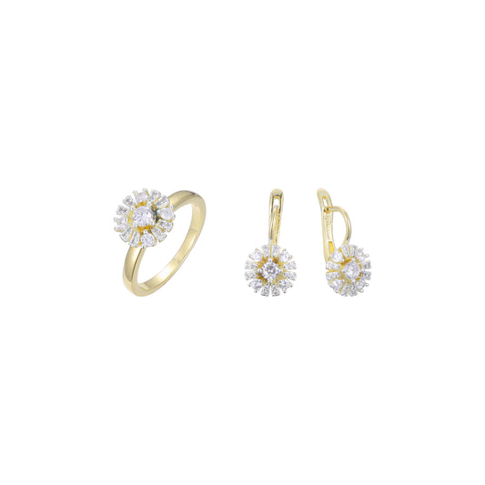14K Gold two tone solitaire halo flower set