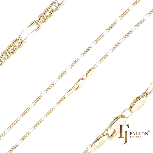 Thin Figaro Fancy cable link chains plated in 14K Gold, Rose Gold, two tone