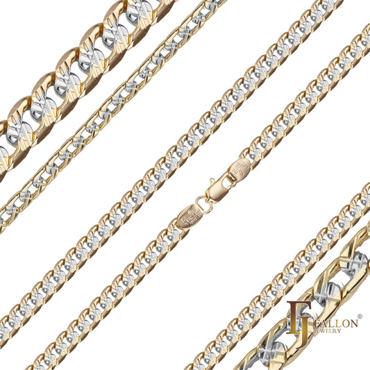 Curb link double cross hammered chains plated in 14K Gold, Rose Gold, two tone
