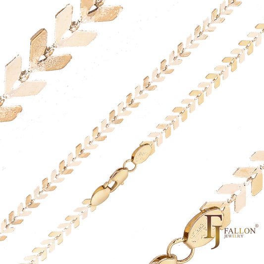 Chevron arrow link fish bone chains plated in 14K Gold, Rose Gold, two tone