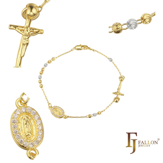 Italian Virgin of Guadalupe Catholic Rosary Necklace plated in White Gold, 14K Gold, 14K Gold two tone