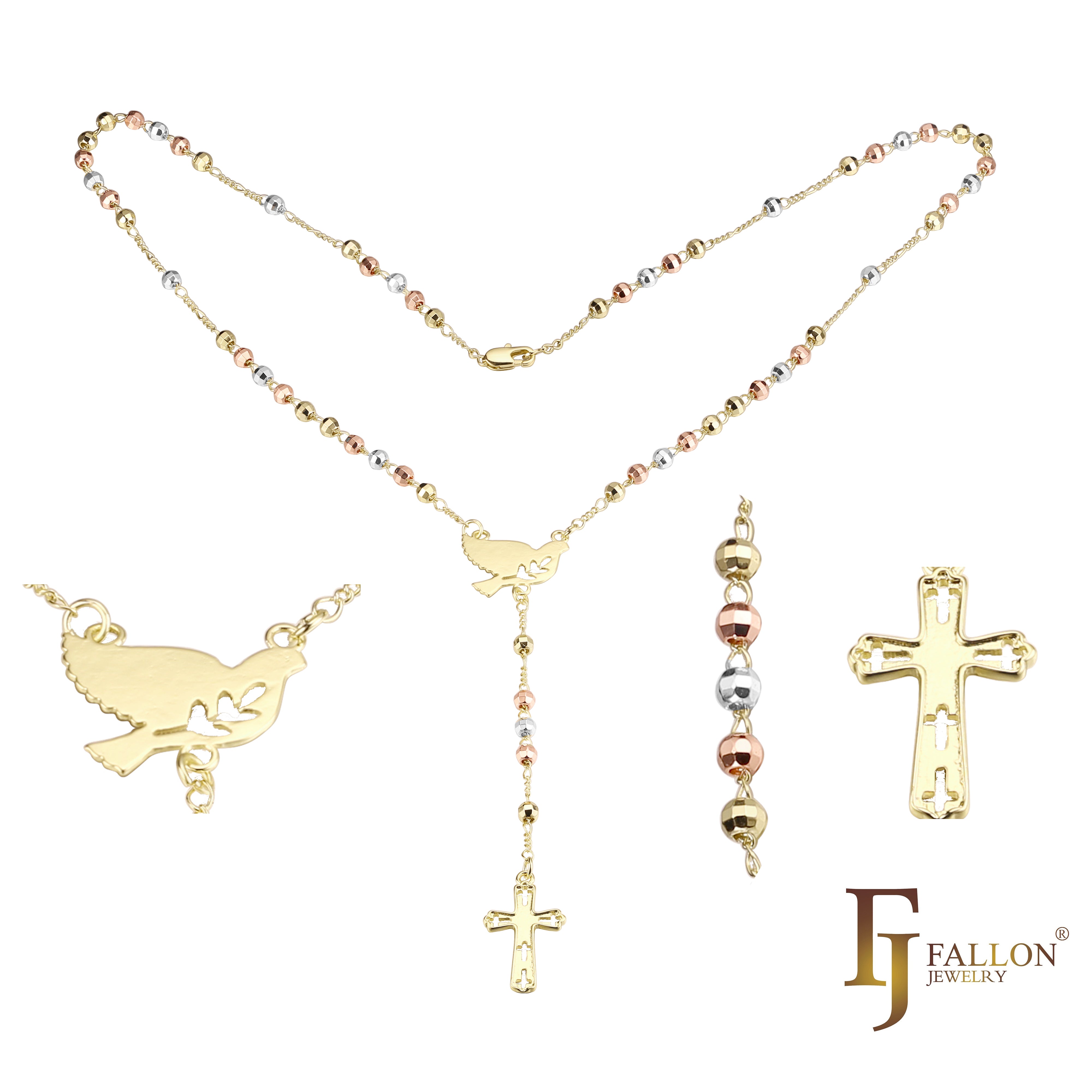 Italian Virgin of Guadalupe Catholic Rosary Necklace plated in 14K Gold two tone