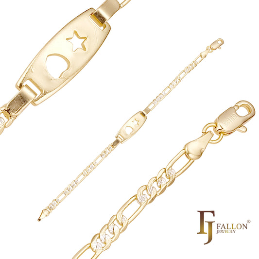 Figaro Link Men's ID star and heart bracelets plated in 14K Gold two tone colors