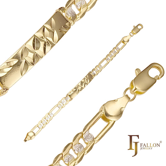 Figaro link 14K Gold, two tone ripple hammered Men's clover ID bracelets