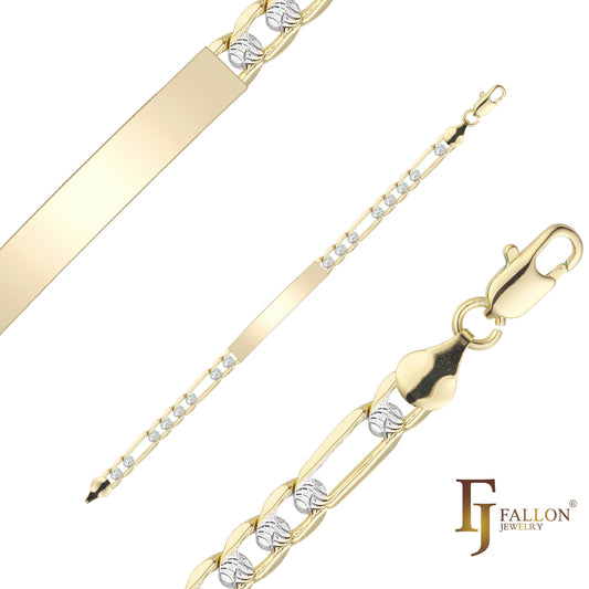 Figaro Link Men's ID Bracelets plated in 14K Gold two tone colors