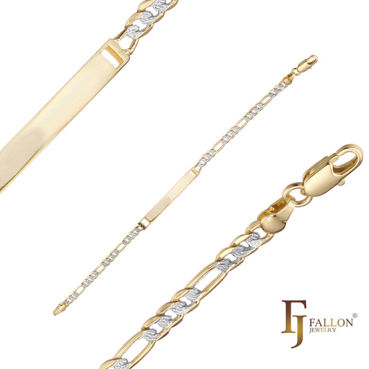 Figaro link Men's ID bracelets plated in 14K Gold two tone colors