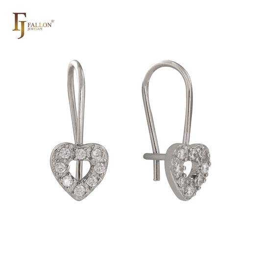 Heart paved white CZs wire hook 14K Gold, Rose Gold, White Gold earrings
