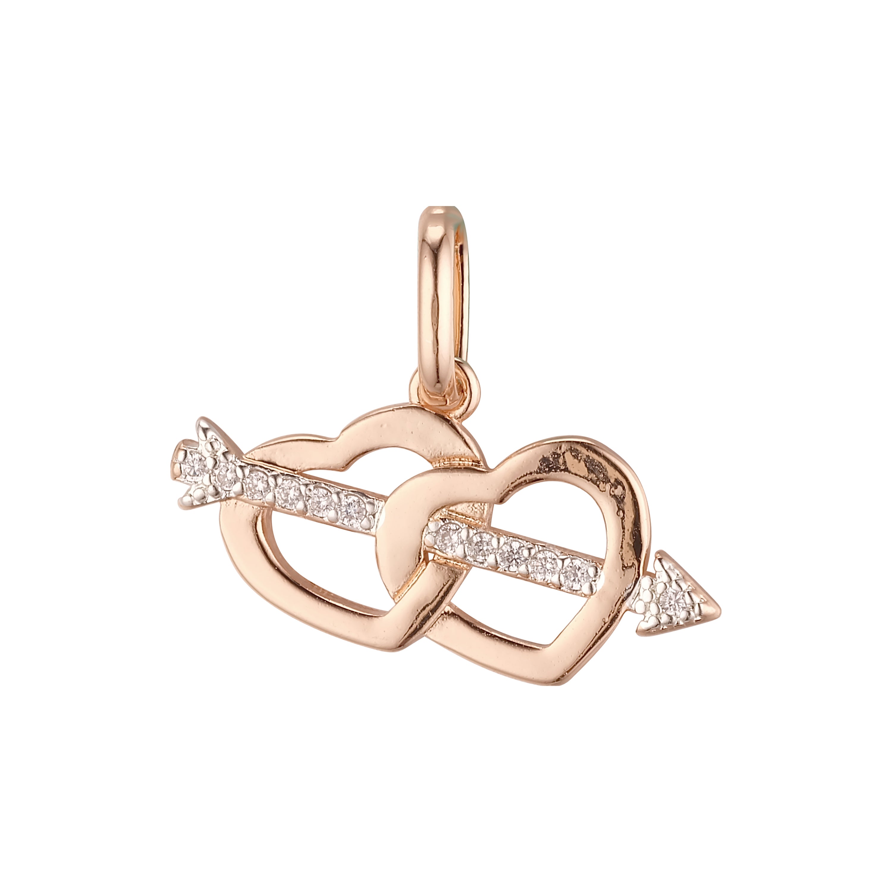 Arrow crossing double hearts pendant plated in 14K Gold