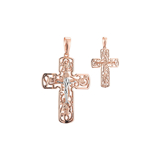 Russian orthodox cross pendant in 14K Gold, Rose Gold two tone plating colors