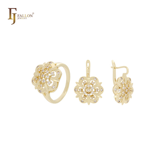 Flower shape cluster White CZs 14K Gold, Rose Gold Jewelry Set wtih Rings