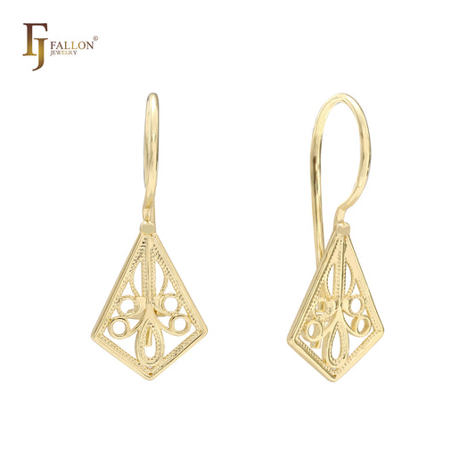 Filigree Rhombus 14K Gold, Rose Gold, White Gold Wire Hook Earrings