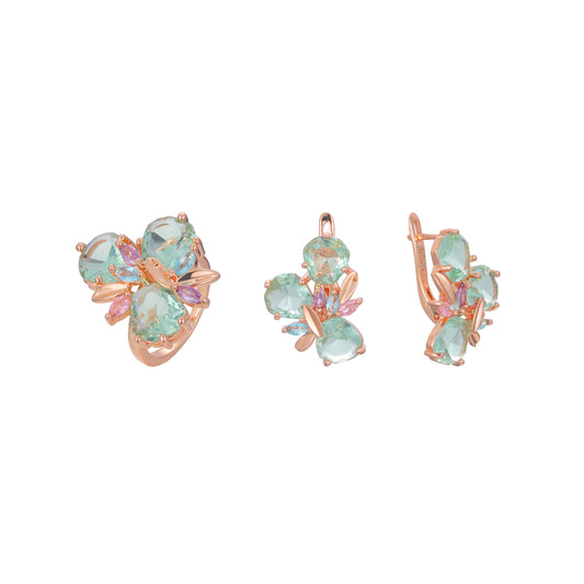 Luxurious Cluster Apple Green mixed colorful CZ Rose Gold rings jewelry set