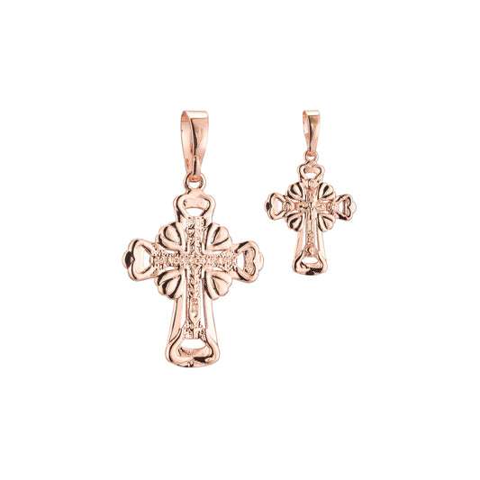 Catholic cross budded pendant in 14K Gold, Rose Gold two tone plating colors