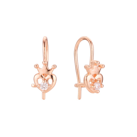 Crown and heart wire hook child earrings in 14K Gold, Rose Gold plating colors