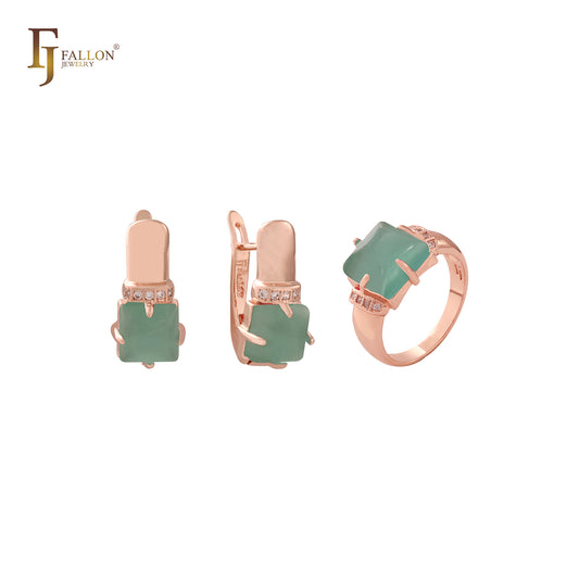 Solitaire Emerald green rounded cushion Rose Gold rings and pendant Jewelry Set