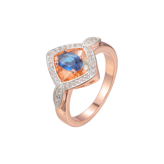 Rose Gold two tone solitaire blue stone rings paving stones