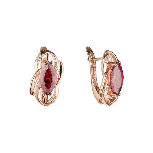 Solitaire Marquise Red CZ Rose Gold, two tone earrings