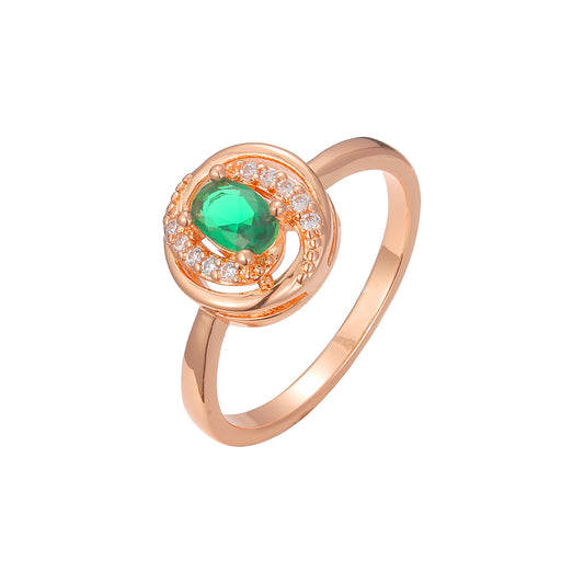 Emerald halo with white stone accent rings plated in Rose Gold