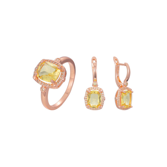 Halo emerald cut stone rings jewelry set plated in Rose Gold