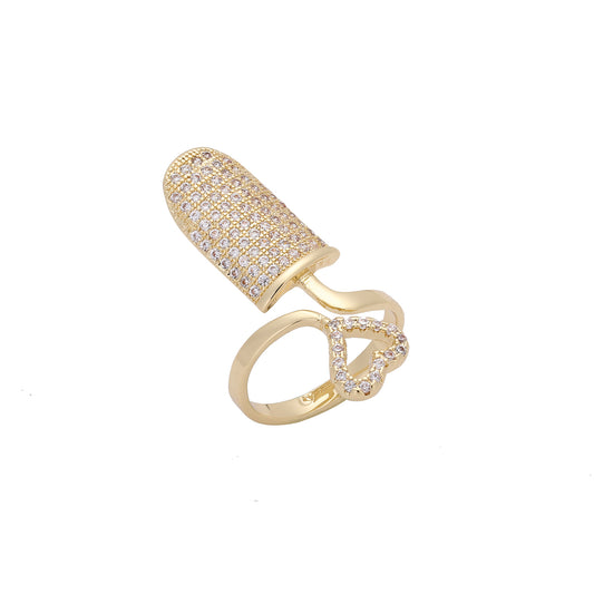 Women's fingernail and heart paved white cz 14K Gold adjustable open rings