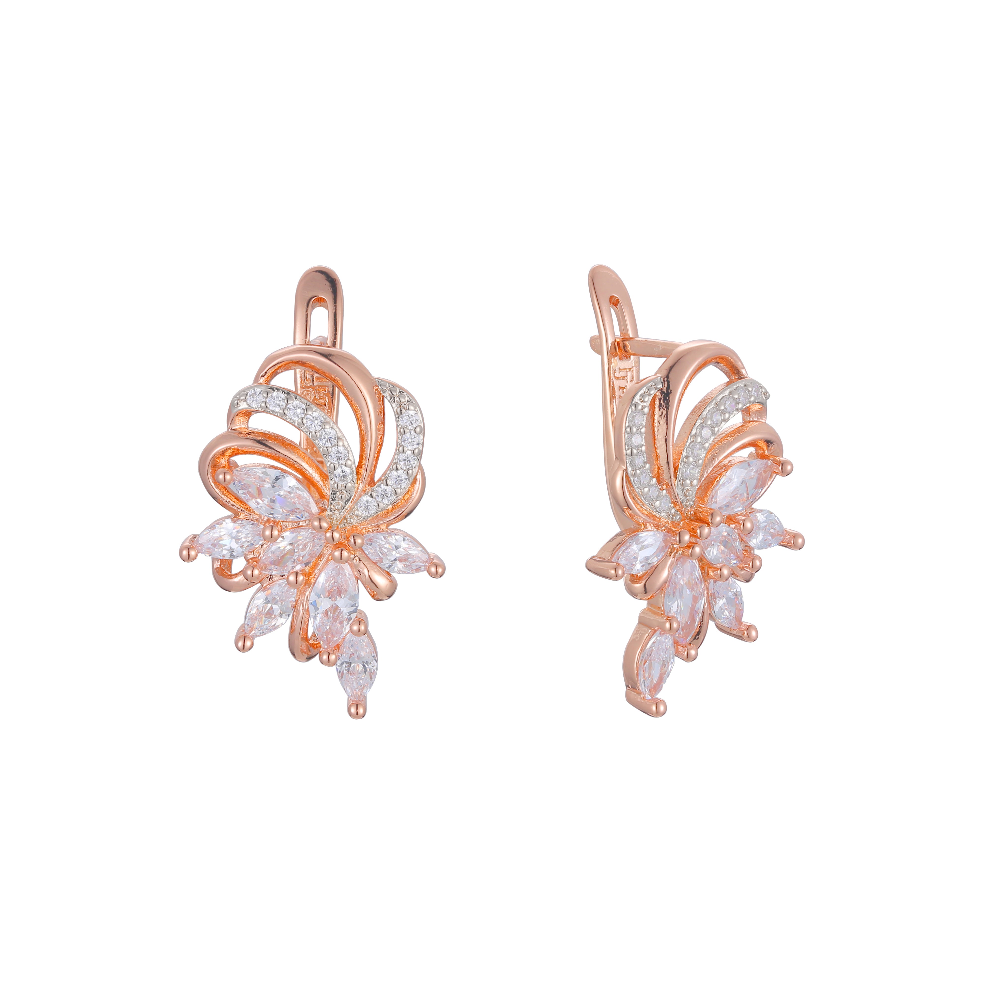Luxurious cluster sparkling flower 14K Gold, Rose Gold, two tone earrings