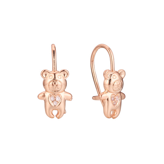 Bear wire hook child earrings in 14K Gold, Rose Gold, two tone plating colors