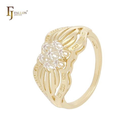 Hexagon cluster white CZs flower blooming 14K Gold two tone Rings