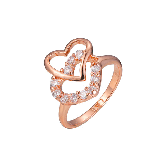 Double heart rings paving stones in 18K Gold, Rose Gold plating colors
