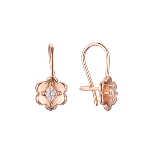 Wire hook flower solitaire child earrings in 14K Gold, Rose Gold plating colors