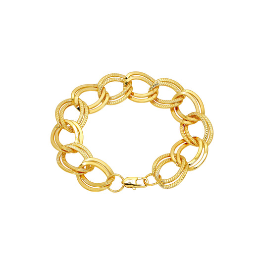 Wide double oval half hammered link 18K Gold bracelets